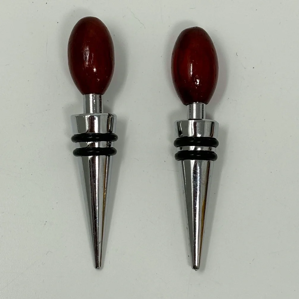 Set of Two Wine Bottle Stoppers Oval Olive Shaped Wood Finials Silver Tone